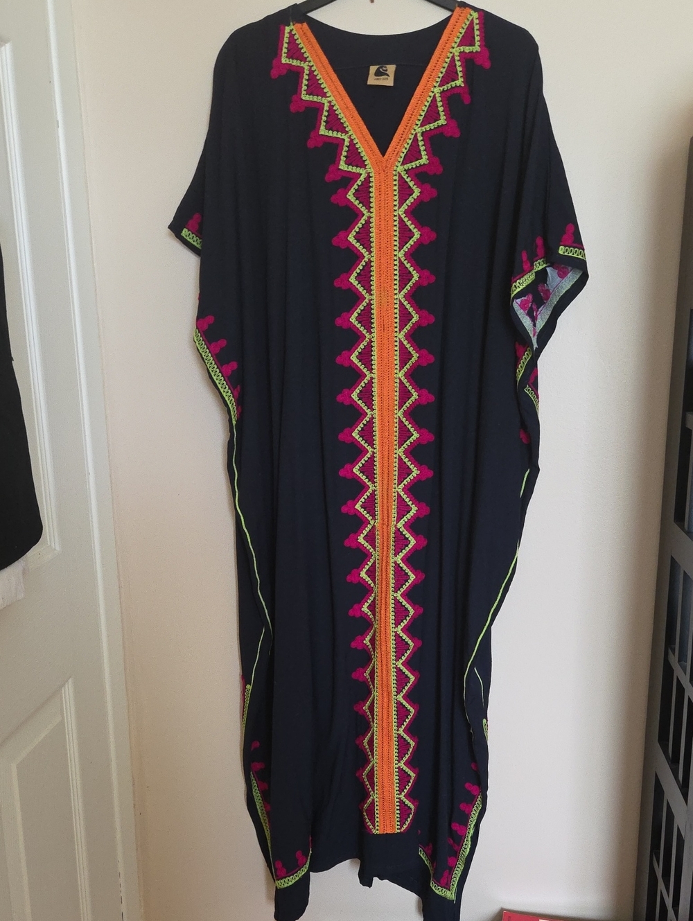 Boho Embroidered Navy Caftan Dress with Pink & Neon Trim